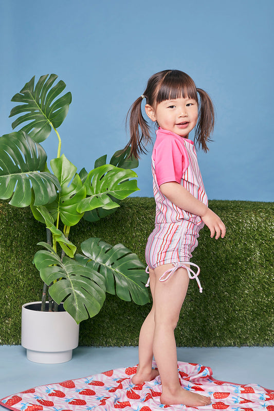 Kids Short Sleeve Rash Vest | Gelato Stripe Pink | UPF 50+ Recycled Fabric