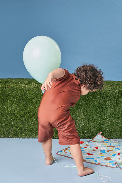 Kids Short Sleeve Explorer Sunsuit | Tortoise Brown | UPF 50+ Easy Zip Swimwear