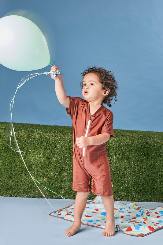 Kids Short Sleeve Explorer Sunsuit | Tortoise Brown | UPF 50+ Easy Zip Swimwear
