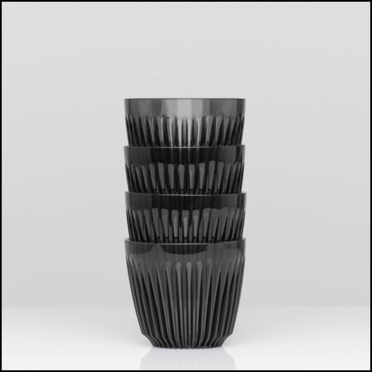 A small 6oz HuskeeRenew translucent reusable coffee cup made from high-performance recycled polymer smoke 4 pack.