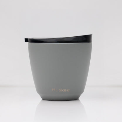 Small 6oz HuskeeSteel reusable coffee cup with matching stopper lid made from vacuum insulated stainless steel in slate.