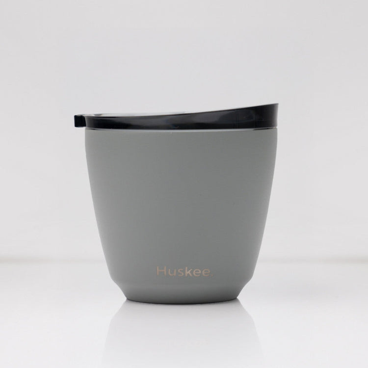 Small 6oz HuskeeSteel reusable coffee cup with matching stopper lid made from vacuum insulated stainless steel in slate.