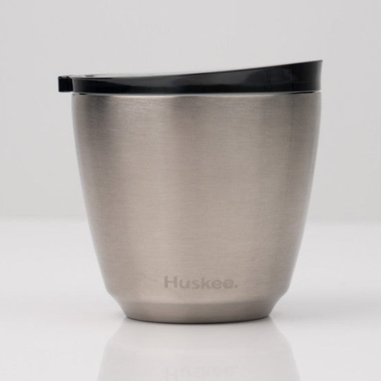 Small 6oz HuskeeSteel reusable coffee cup with matching stopper lid made from vacuum insulated stainless steel in steel.