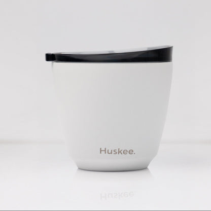 Small 6oz HuskeeSteel reusable coffee cup with matching stopper lid made from vacuum insulated stainless steel in white.