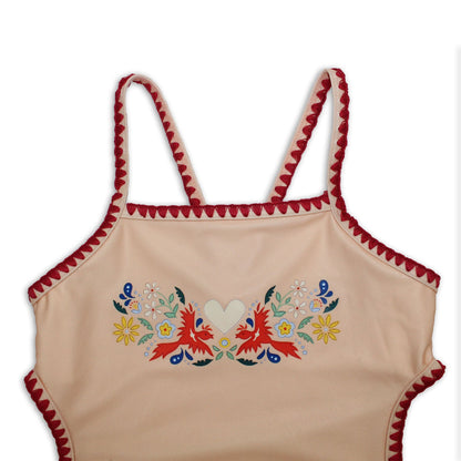 Kids Embroidered Swimsuit | Vanilla Fire Bird | Recycled Polyester | UPF 50+