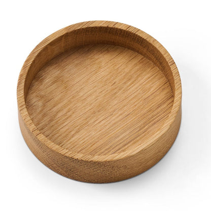 LIND DNA Circle recycled leather coaster box oak nature top view.