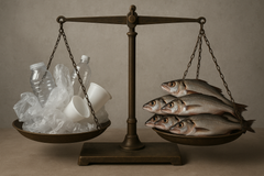 Balance scale with plastic waste on one side and fish on the other, symbolizing environmental imbalance.