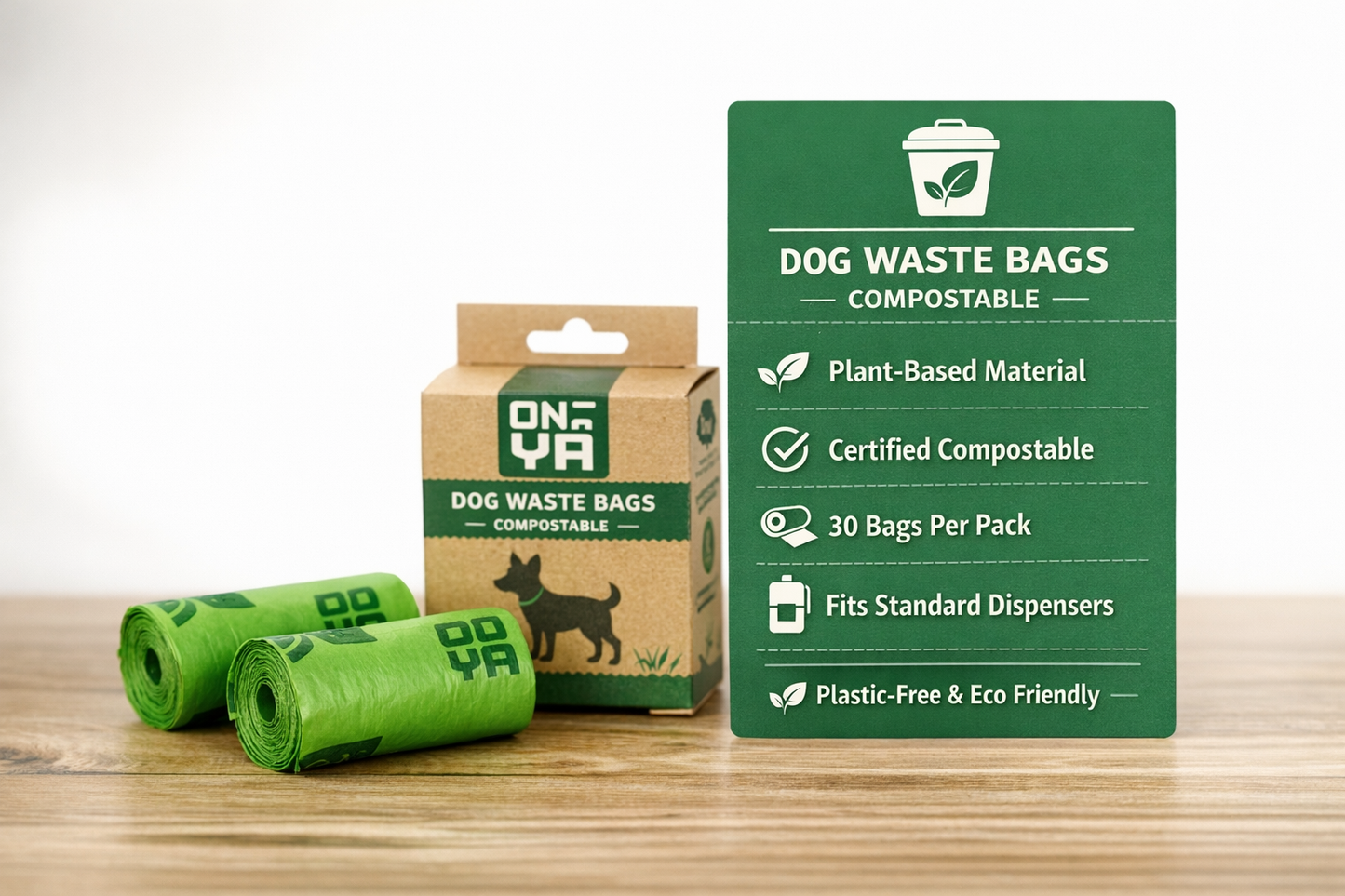 Onya compostable dog waste bags - plant-based material, certified compostable, fits standard dispensers, plastic -free and eco friendly - on a wooden surface.