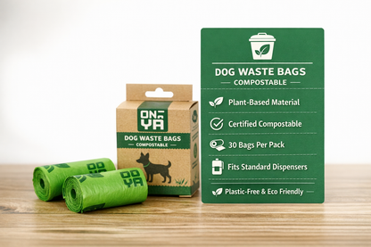 Onya compostable dog waste bags - plant-based material, certified compostable, fits standard dispensers, plastic -free and eco friendly - on a wooden surface.