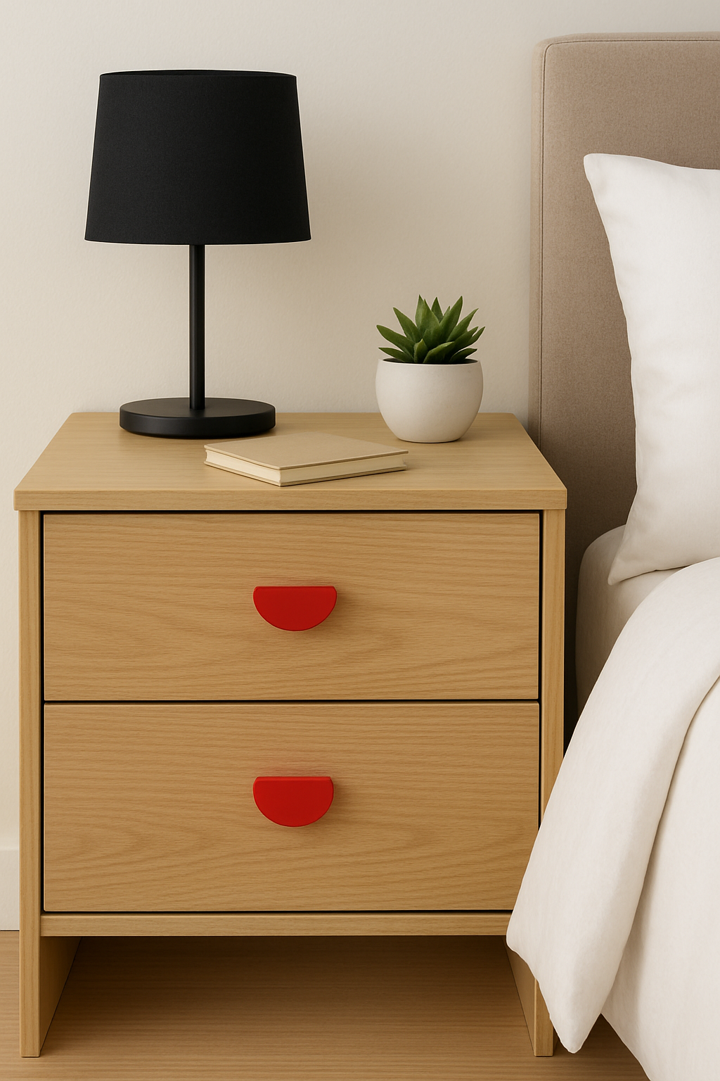 Wooden nightstand with red recycled plastic  handles, black lamp, and a plant in a small white pot next to a bed.
