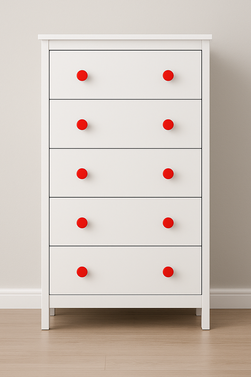 White dresser with red recycled plastic drawer pulls.