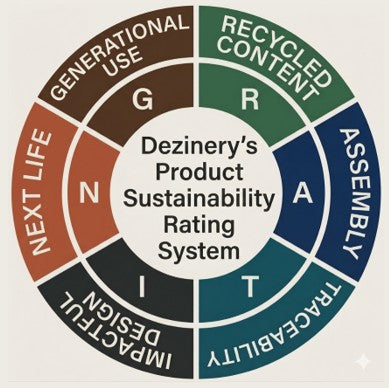 Dezinery's R.A.T.I.N.G. system: Recycled Content (0-49% Low, 50-84% Medium, 85-100% High), Assembly location (Australia/Overseas), Traceability of materials (Local/Imported), Impactful Design origin (Australia/Overseas - where sustainability begins), Next Life options (Yes/No for reuse/recycling/take-back), Generational Use lifespan (0-3yrs Low, 3-7yrs Medium, 7+yrs High). Includes supplier verification date. Simple, memorable. Focuses on verifiable product-level sustainability claims, not vague broad ESG
