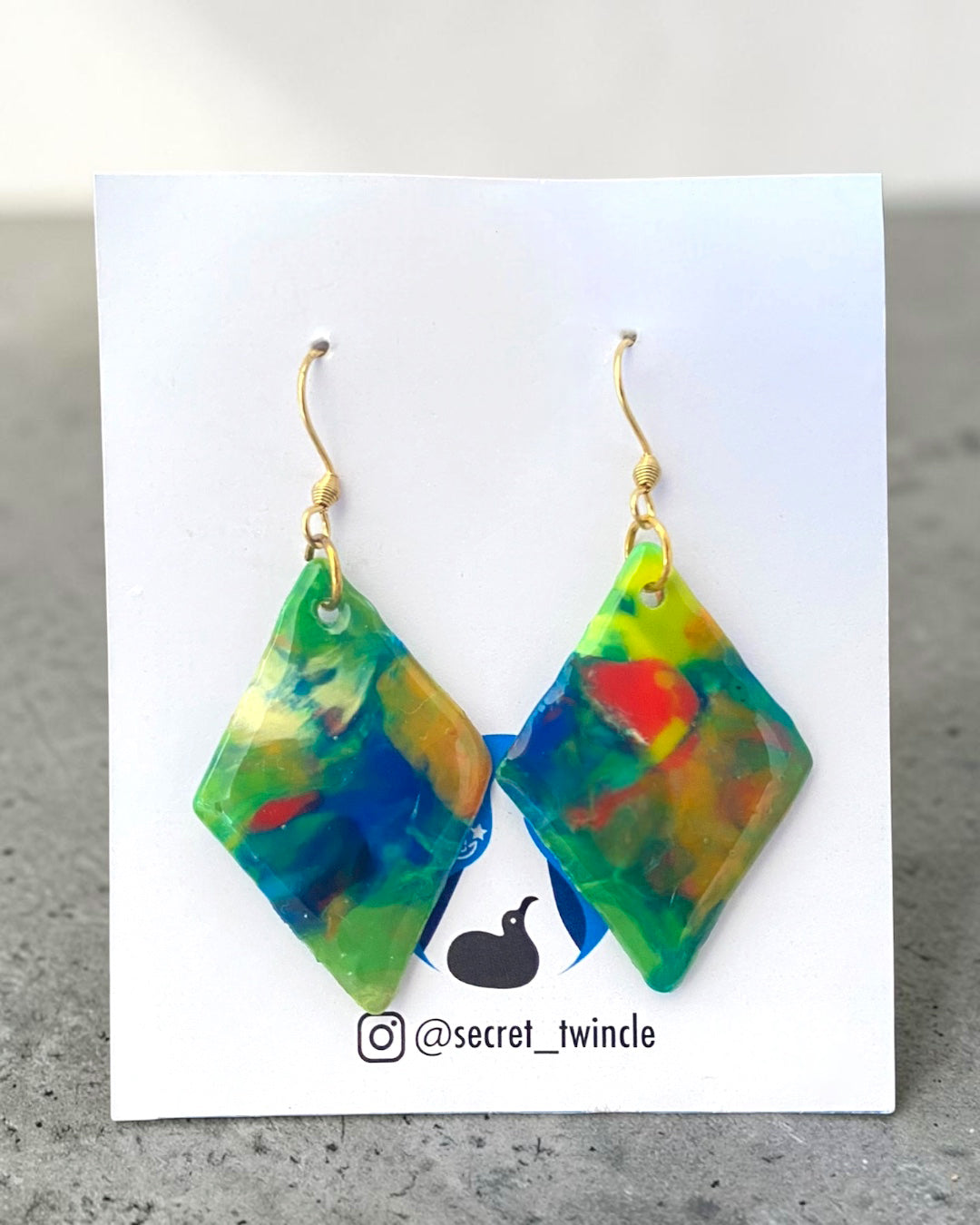 Diamond Dangle Earrings│Recycled Bottle Caps│Green & Blue