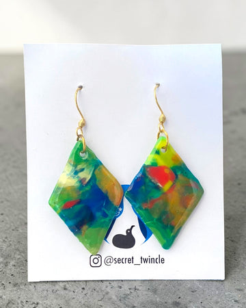 Diamond Dangle Earrings│Recycled Bottle Caps│Green & Blue