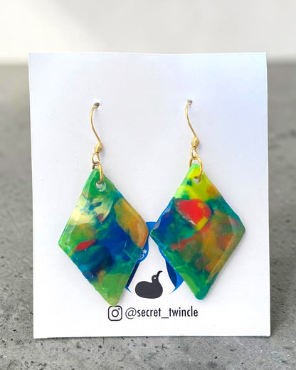 Diamond Dangle Earrings│Recycled Bottle Caps│Green & Blue