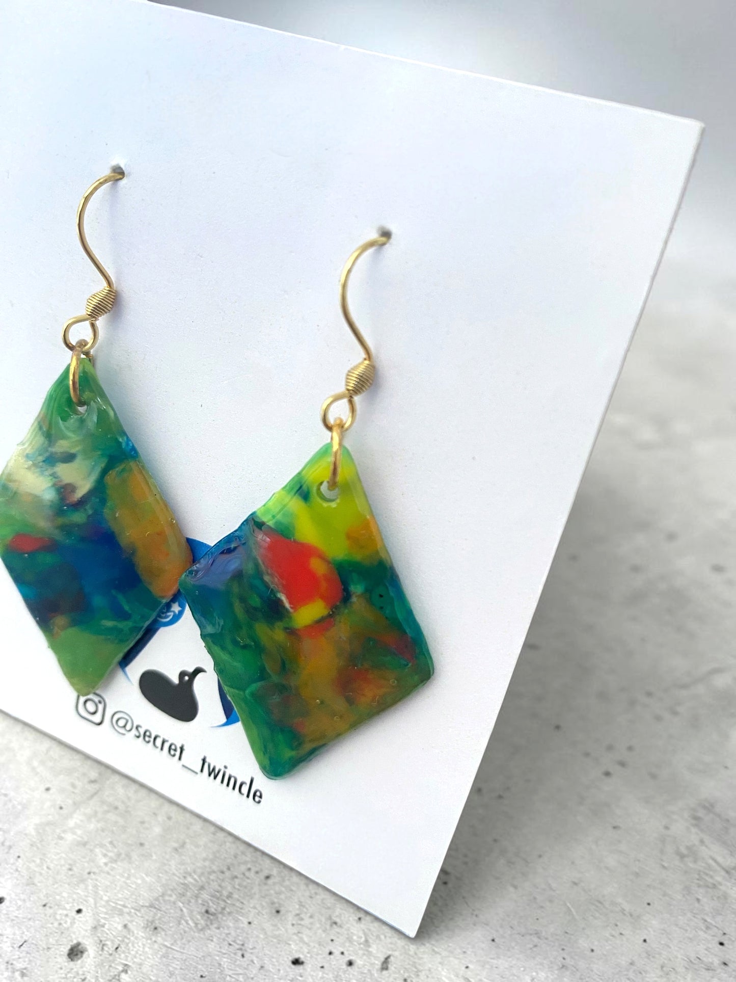 Diamond Dangle Earrings│Recycled Bottle Caps│Green & Blue