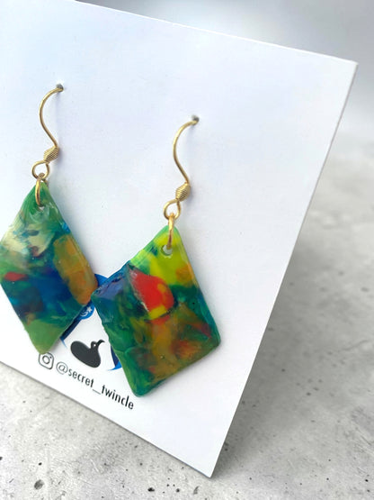 Diamond Dangle Earrings│Recycled Bottle Caps│Green & Blue