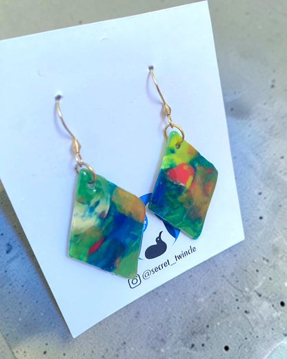 Diamond Dangle Earrings│Recycled Bottle Caps│Green & Blue