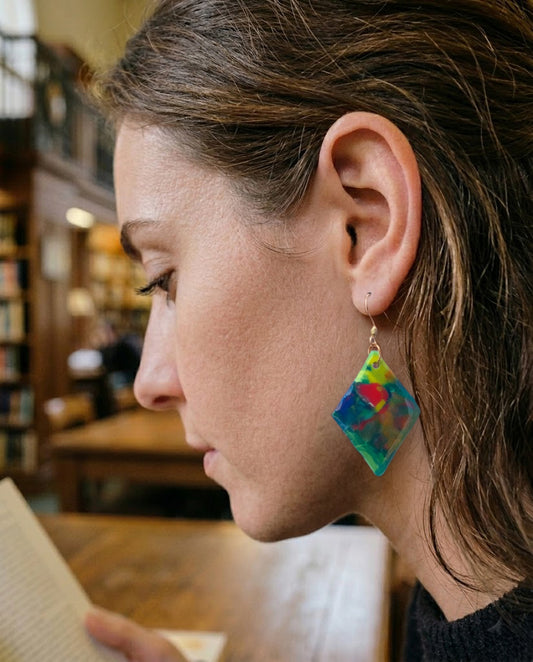 Diamond Dangle Earrings│Recycled Bottle Caps│Green & Blue