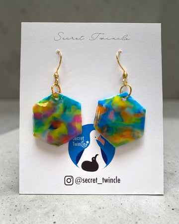Hexagon Dangle Earrings│Recycled Bottle Caps│Blue Multi