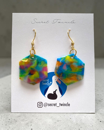 Hexagon Dangle Earrings│Recycled Bottle Caps│Blue Multi