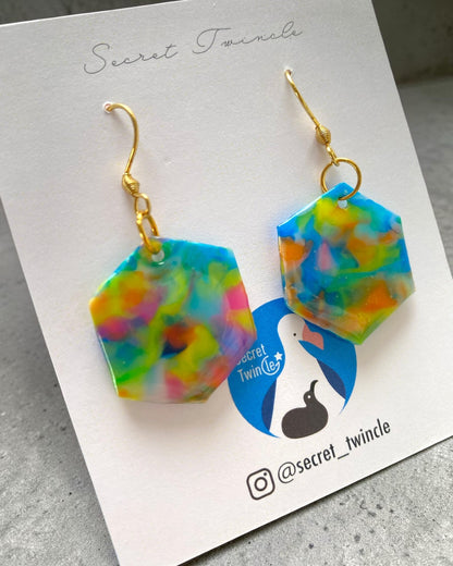 Hexagon Dangle Earrings│Recycled Bottle Caps│Blue Multi