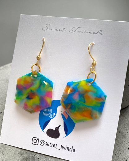 Hexagon Dangle Earrings│Recycled Bottle Caps│Blue Multi