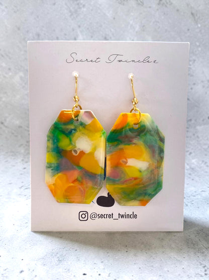Geometric Octagon Dangle Earrings│Recycled Bottle Caps│Yellow & Green