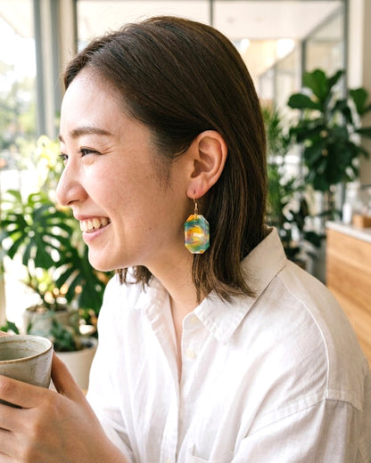Geometric Octagon Dangle Earrings│Recycled Bottle Caps│Yellow & Green