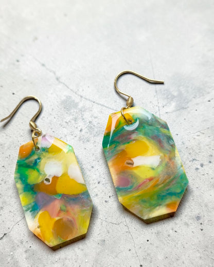 Geometric Octagon Dangle Earrings│Recycled Bottle Caps│Yellow & Green