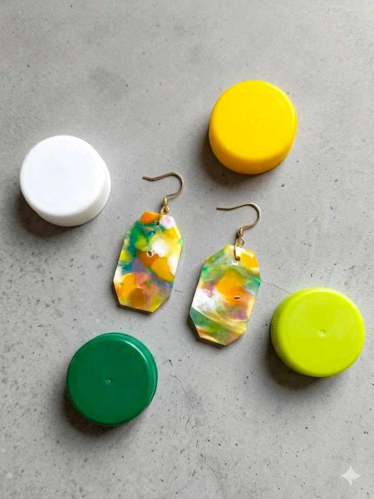 Geometric Octagon Dangle Earrings│Recycled Bottle Caps│Yellow & Green