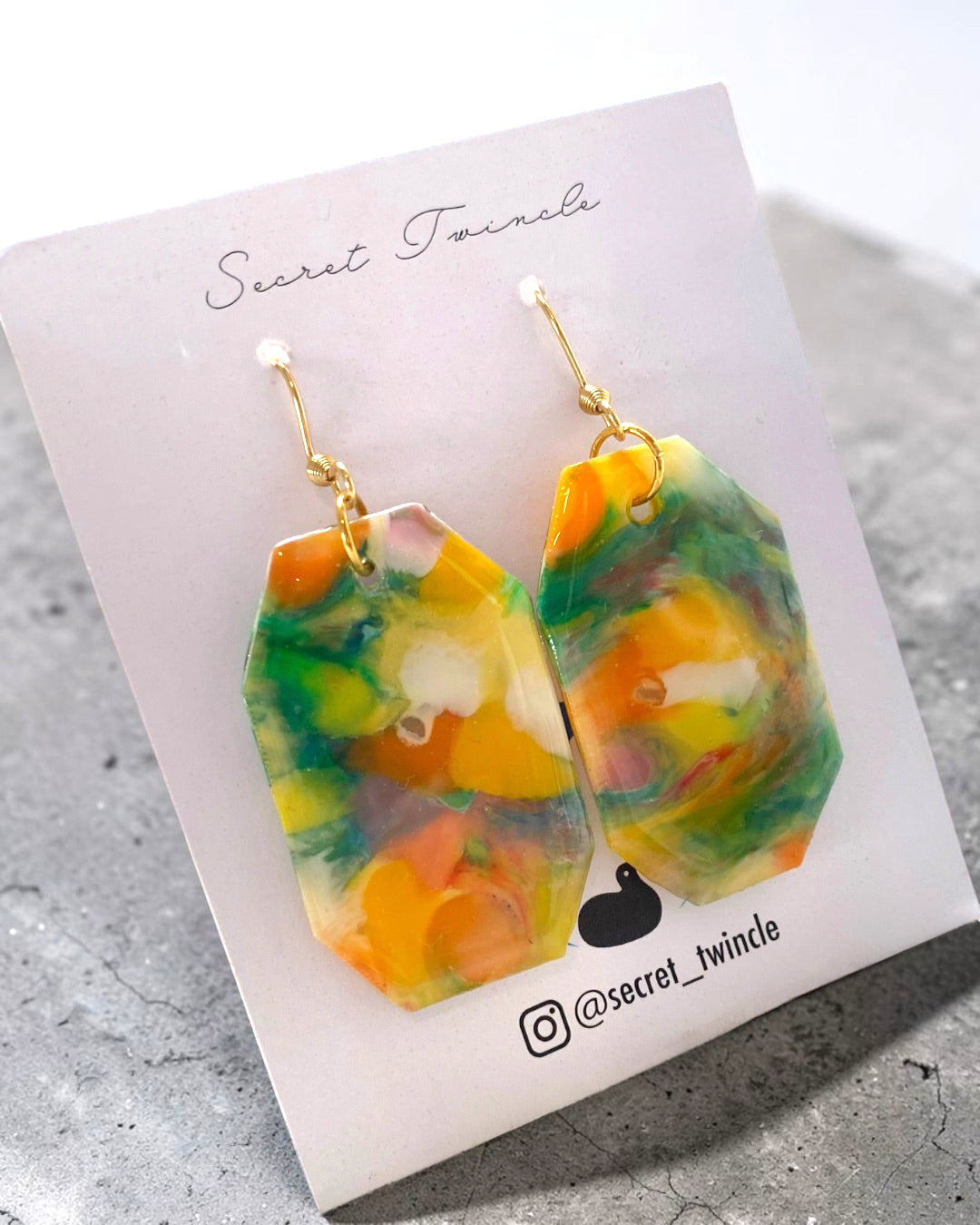 Geometric Octagon Dangle Earrings│Recycled Bottle Caps│Yellow & Green