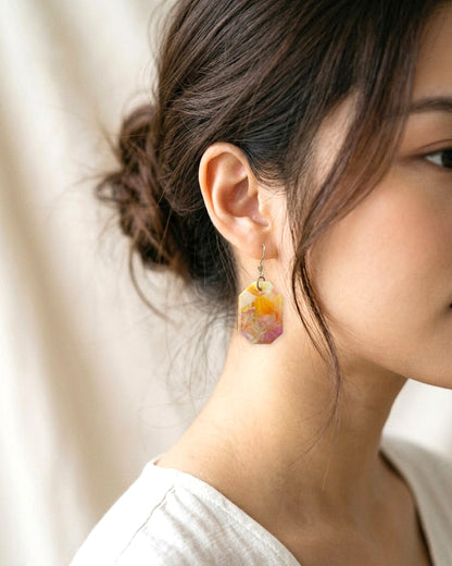 Octagon Dangle Earrings│Recycled Bottle Caps│Pastel Pink & White