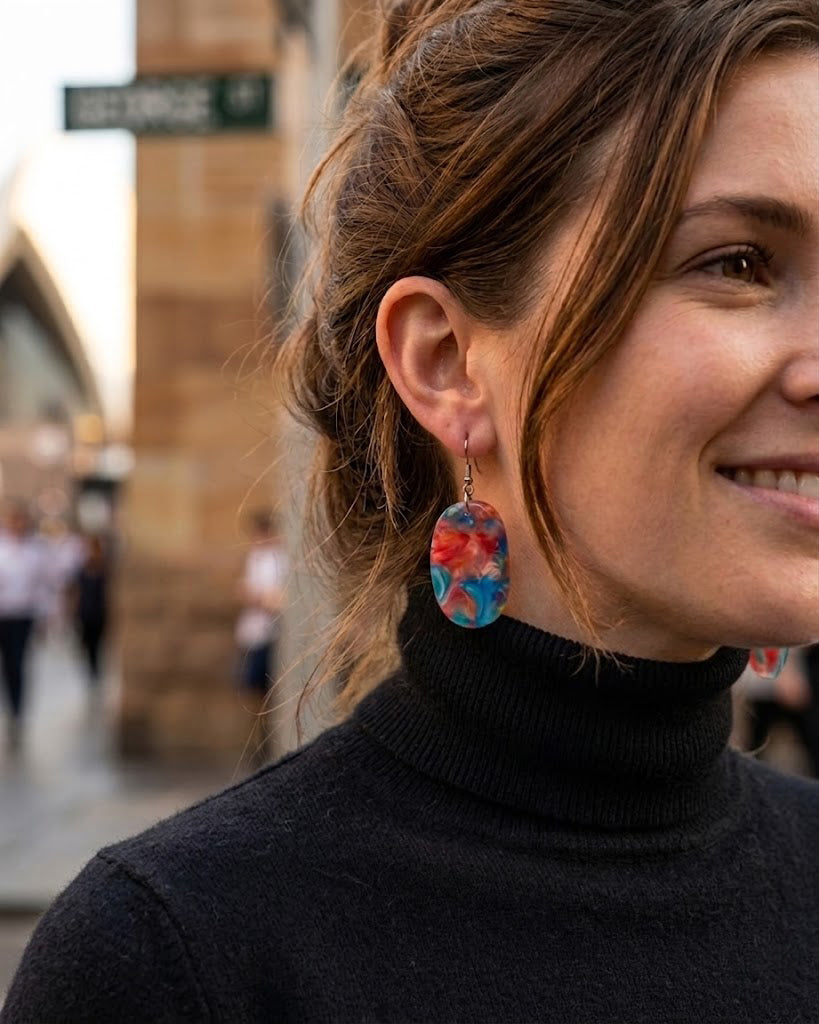 Oval Dangle Earrings│Recycled Plastic│Blue, Orange & Pink