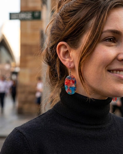 Oval Dangle Earrings│Recycled Plastic│Blue, Orange & Pink