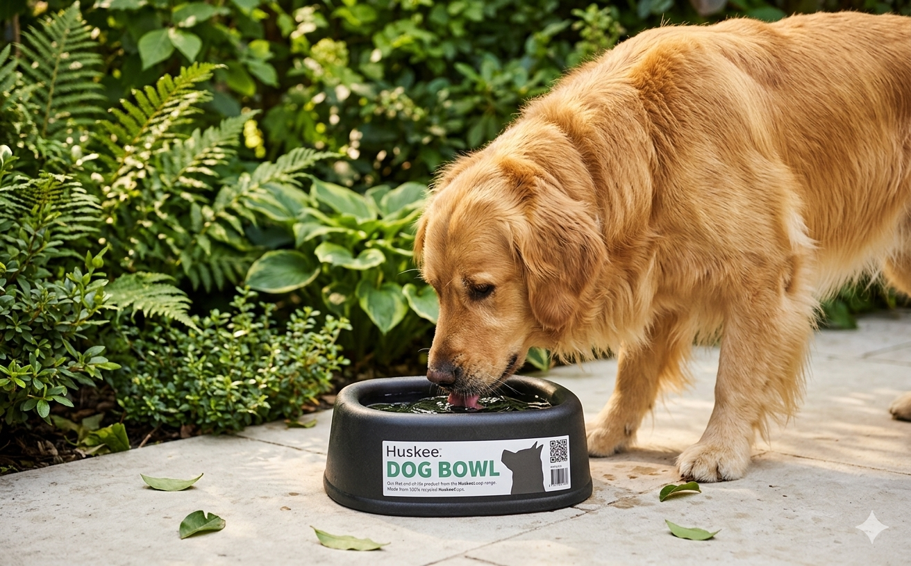 A Golden Retriever drinking from a Huskee  eco-friendly recycled coffee husk coffee cup dog bowl