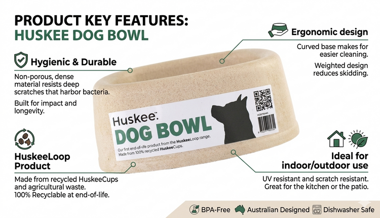 Huskee Dog Bowl with key features highlighted on a white background