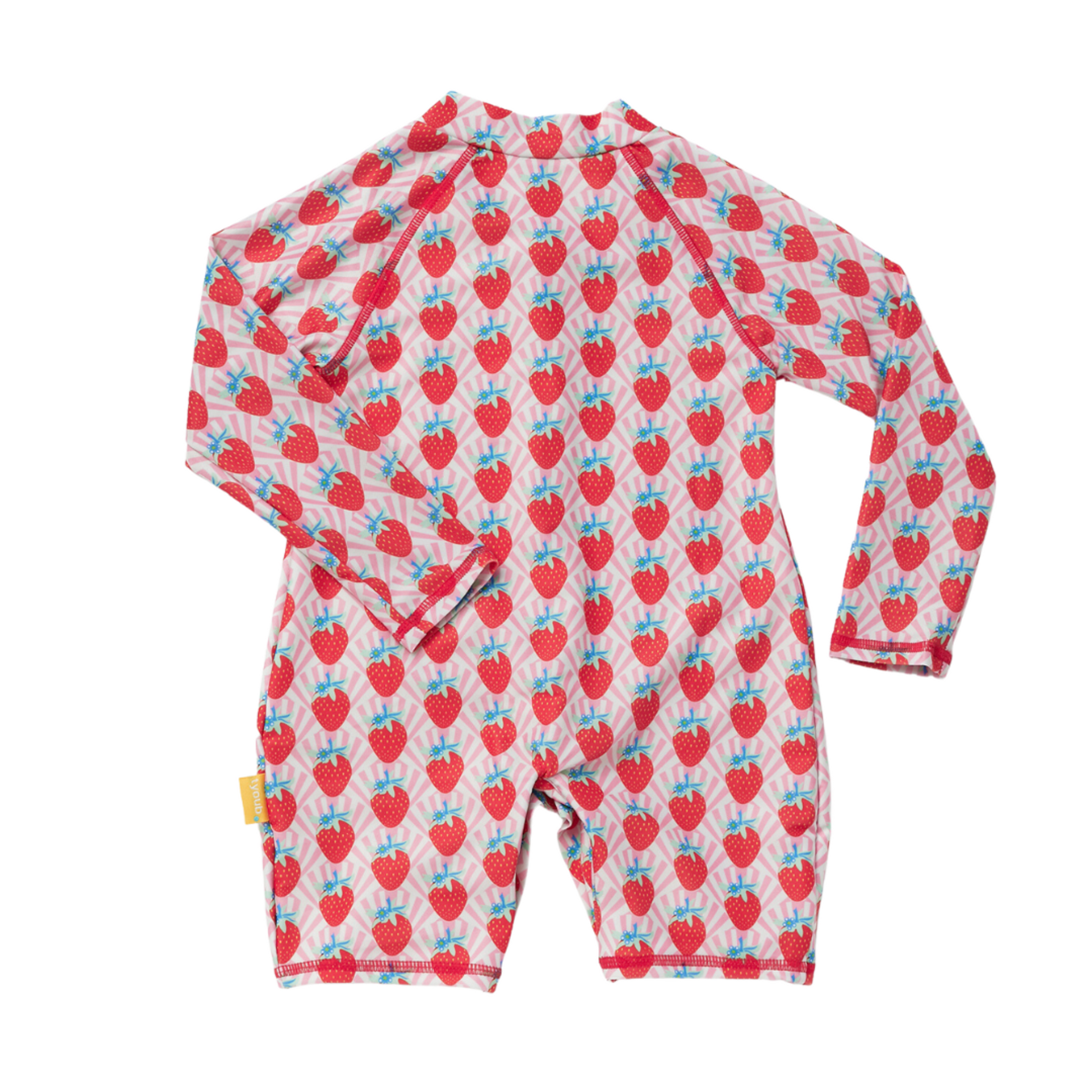 Rear view of the kids one piece strawberry swimsuit showing complete leg, arm, and shoulder UV protection.