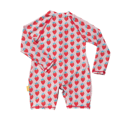 Rear view of the kids one piece strawberry swimsuit showing complete leg, arm, and shoulder UV protection.