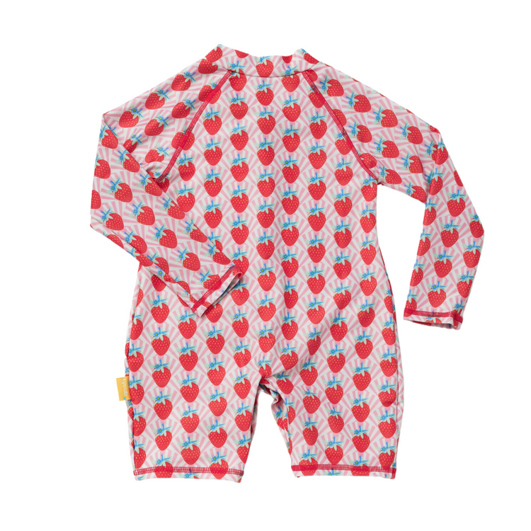 Rear view of the kids one piece strawberry swimsuit showing complete leg, arm, and shoulder UV protection.