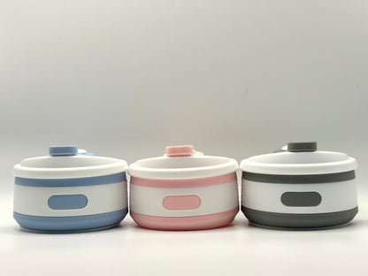 Collapsible 350ml silicone coffee cup with secure lid and heat-protective sleeve, shown expanded and collapsed with its reusable storage pouch. Shown in all three colours and collapsed