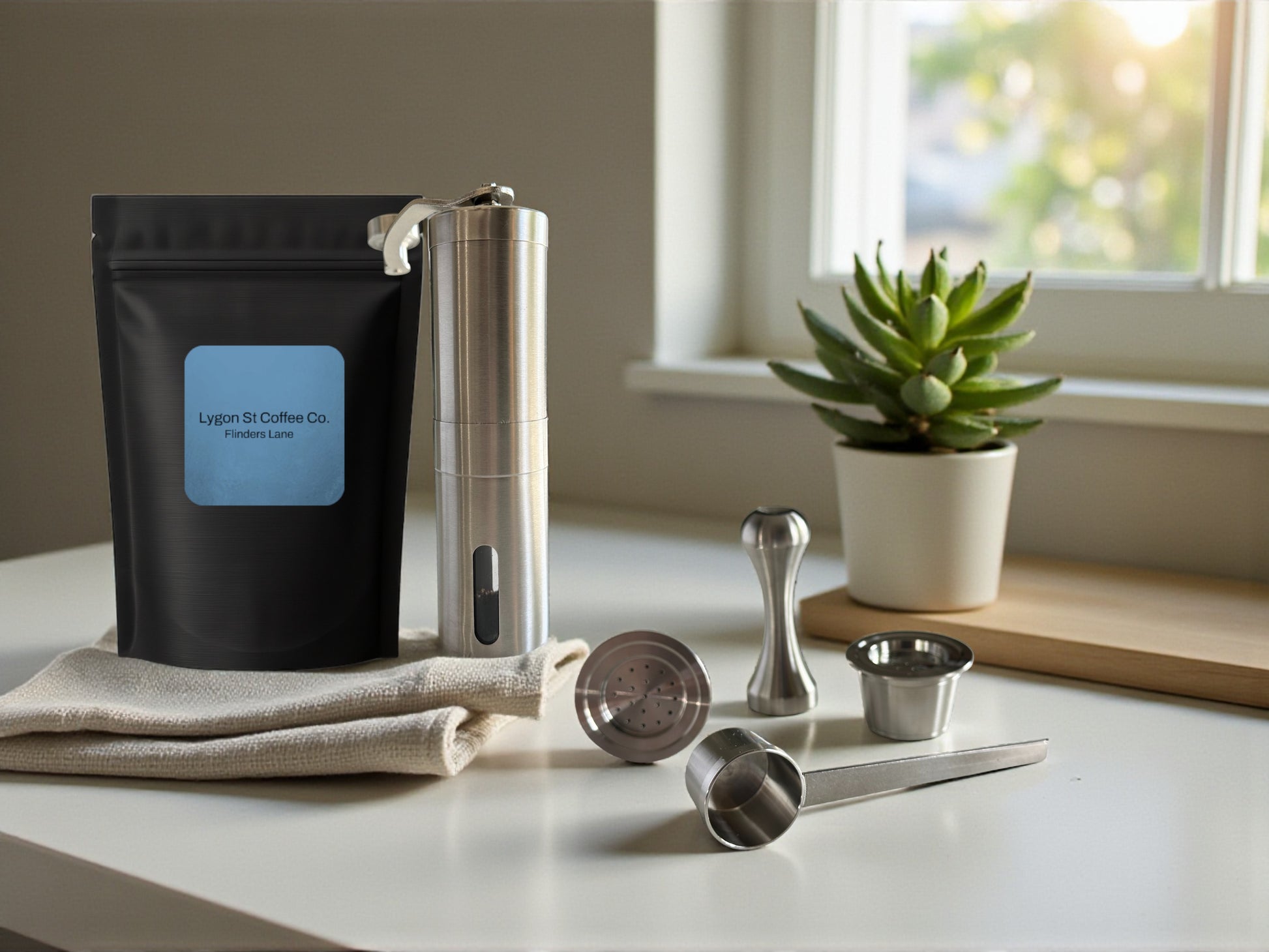 Pod Star Esspressotoria Barista kit containing two reusable stainless steel pods, scoop, tamper, grinder and Lygon St coffee pack