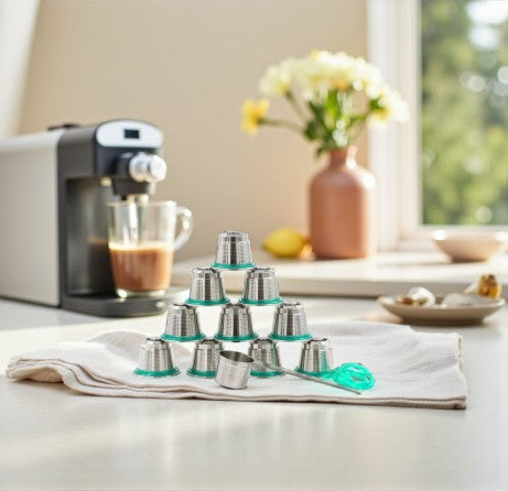 Set of Pod Star Nesspresso Original reusable stainless steel coffee pods  on a kitchen bench with coffee machine in the background