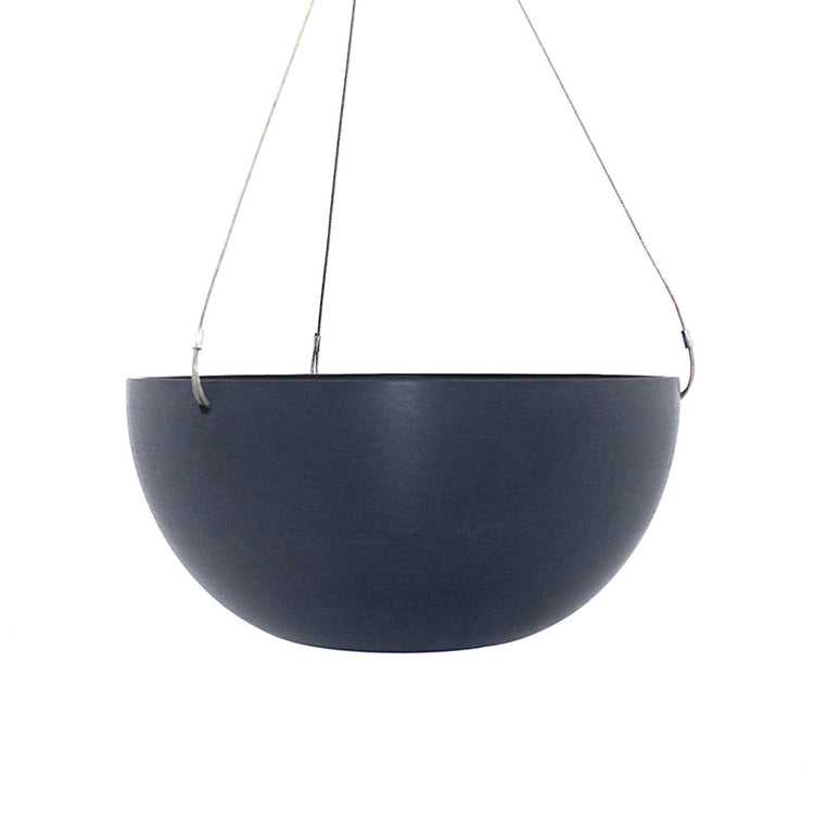 A hanging planter suspended by marine wire against a plain white background. Made from recycled plastic. Shown in Deep Blue