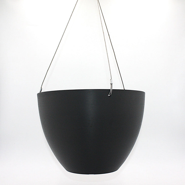 A hanging planter suspended by marine wire against a plain white background. Made from recycled plastic. Shown in Black