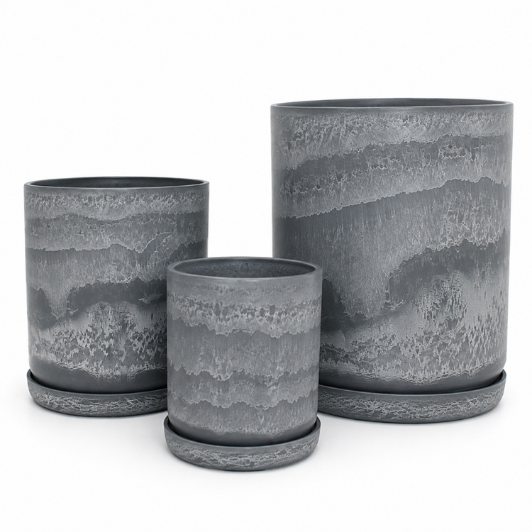 Coordinated Portland large set of three statement recycled plastic plant pots with matching saucers on a clean white background, available in Australia. Arctic Stone shown.