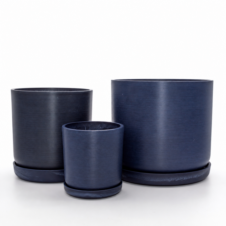 Coordinated Portland large set of three statement recycled plastic plant pots with matching saucers on a clean white background, available in Australia. Deep Blue shown.