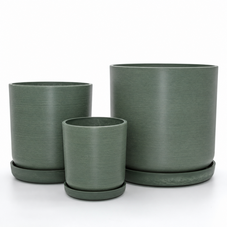 Coordinated Portland large set of three statement recycled plastic plant pots with matching saucers on a clean white background, available in Australia. Olive shown.