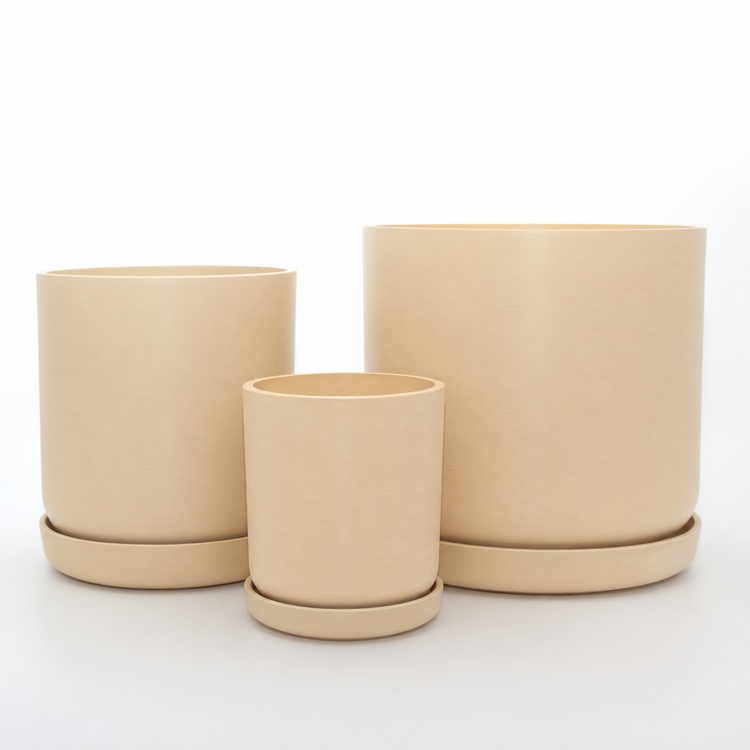 Coordinated Portland large set of three statement recycled plastic plant pots with matching saucers on a clean white background, available in Australia. Tatami Sand shown.