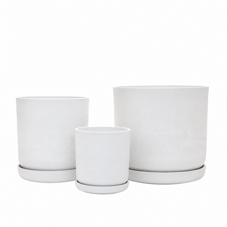 Coordinated Portland large set of three statement recycled plastic plant pots with matching saucers on a clean white background, available in Australia. White Stone shown.